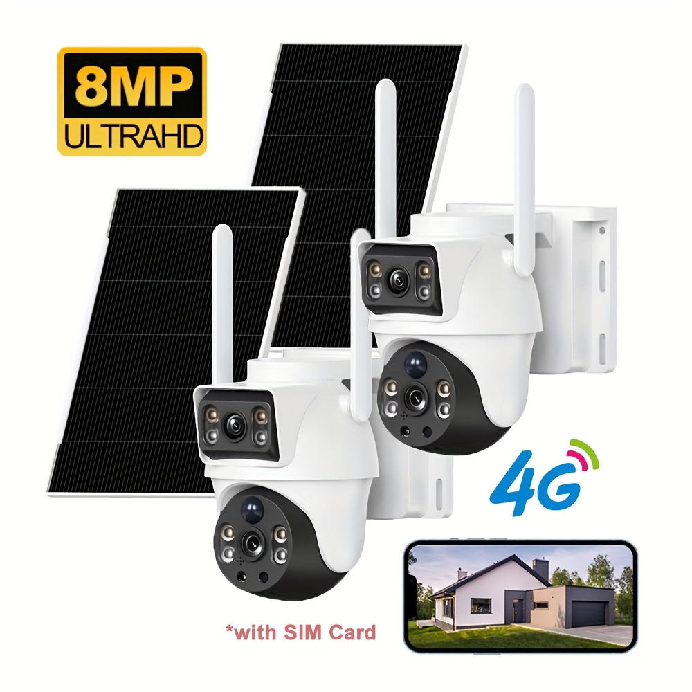 TEMU 1pc/2pcs 4g 8mp Outdoor Solar Dual Lens Camera, For Home Security, Pir Humanoid Detection, Audio, Night Vision, Motion Tracking, Alarm Push, Ptz