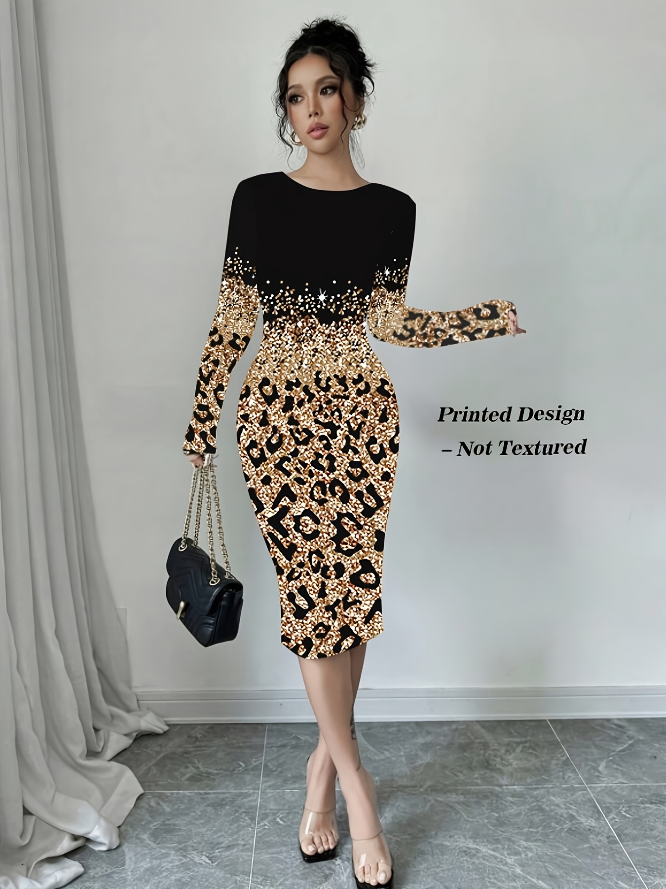 princess polly baby blue dress Camel Animal Print Bodycon Dress Long Sleeve Mesh main image 1