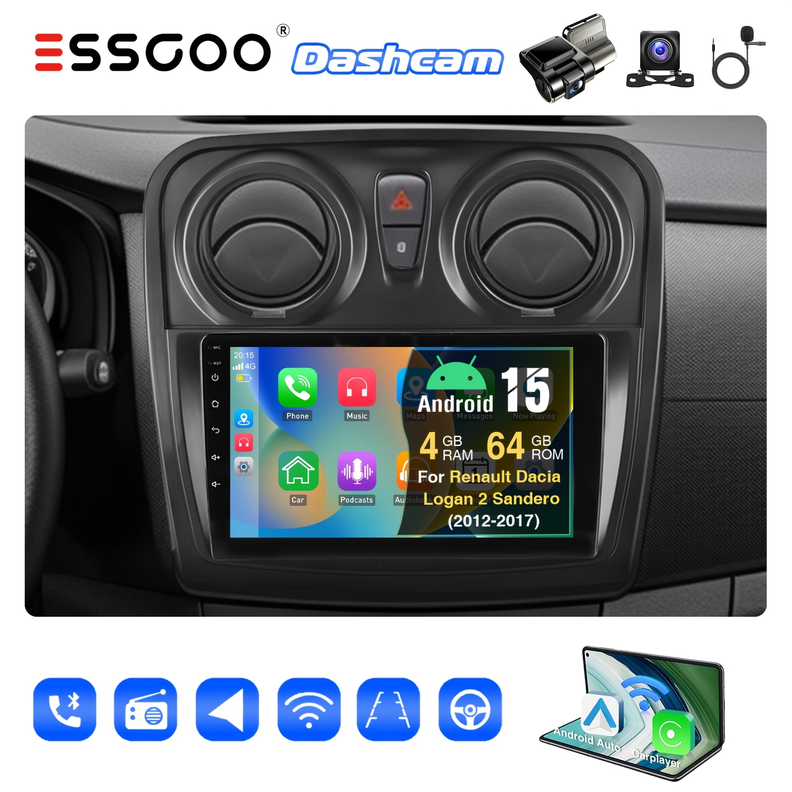 Essgoo 4+64gb 15 For Renault 2 2012-2017 (frame Included) Car Stereo Din 9 Inch Ips Screen With , Auto, Gps/ Wifi/ Fm Rds/ Usb/eq Sound G/ Steering Wheel Control/