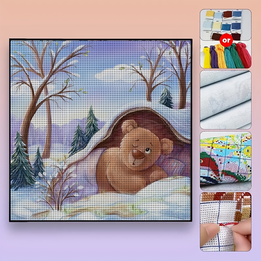 New Cross Stitch Printed Kit, Snow Cave Brown Bear Pattern
