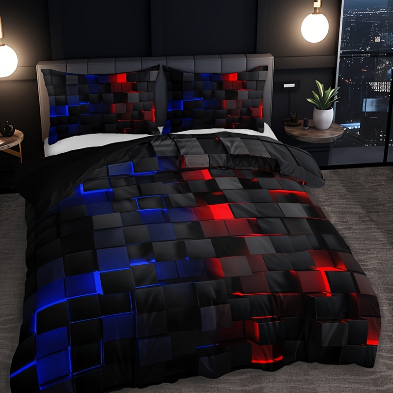 

3pcs Bedding Set (1 Duvet Cover + 2 Pillow Covers) - Black And Red Checkered Design, 90g Fabric, Suitable For All Seasons, Machine Washable