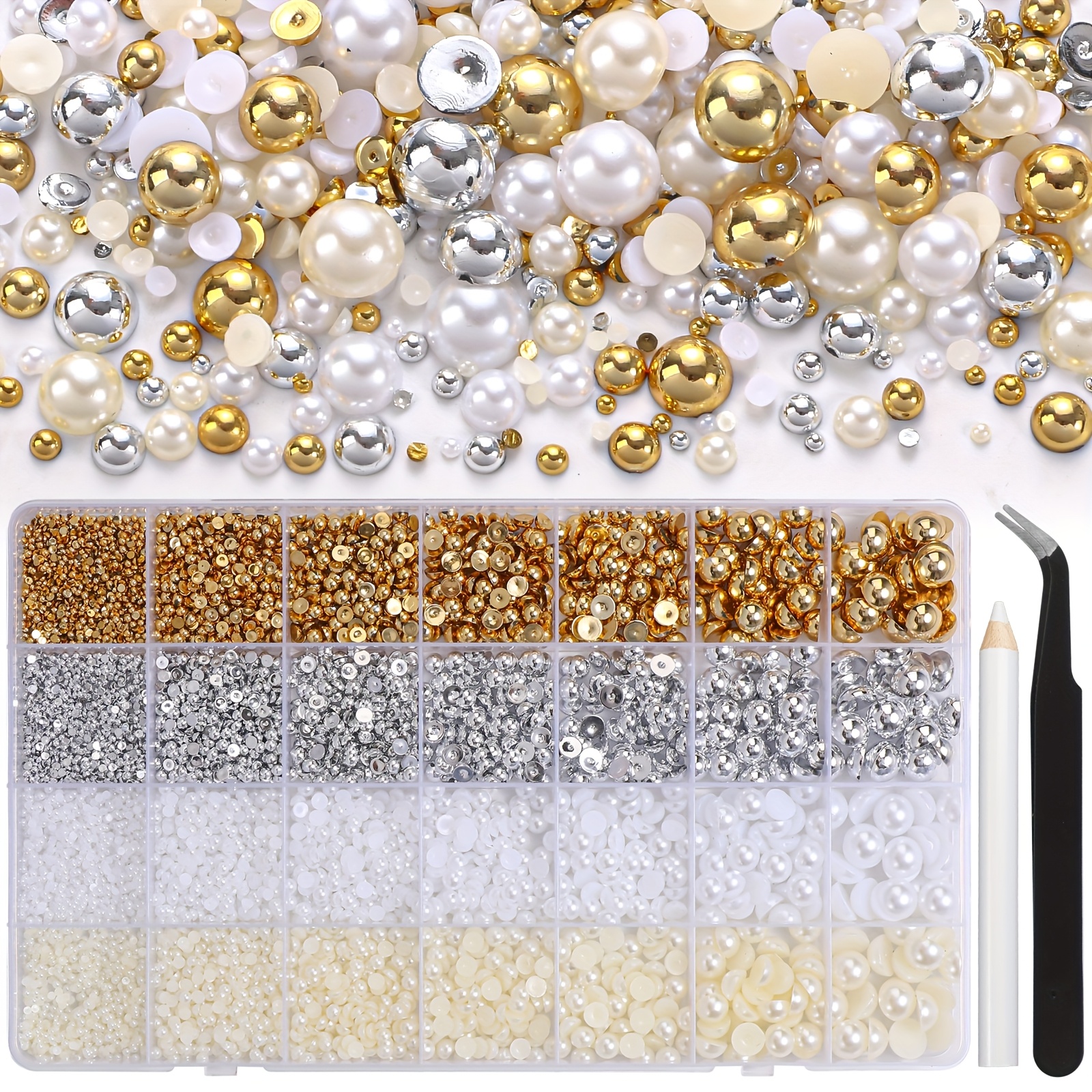 28 Grid Flatback Half Pearls Jewelry For Bedazzling Crafting 2/2.5/3/4/5/6/8/10mm Colorful Golden Silvery White Cream-colored For Nails Face Eyes Makeup Crafts Tumblers Bottles