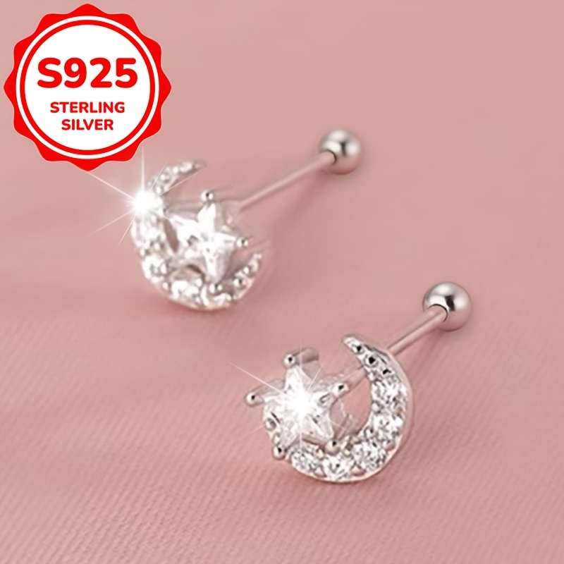 2pcs Women's S925 Silver Bling Star Moon Earrings Set