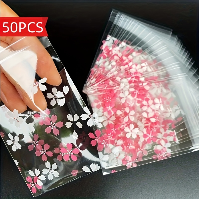 Image of 50pcs Cherry Design Self-sealing Bags - Aesthetic Floral Plastic Pouches For Jewelry, Gifts & Small Items Storage, Perfect For Travel & Packaging