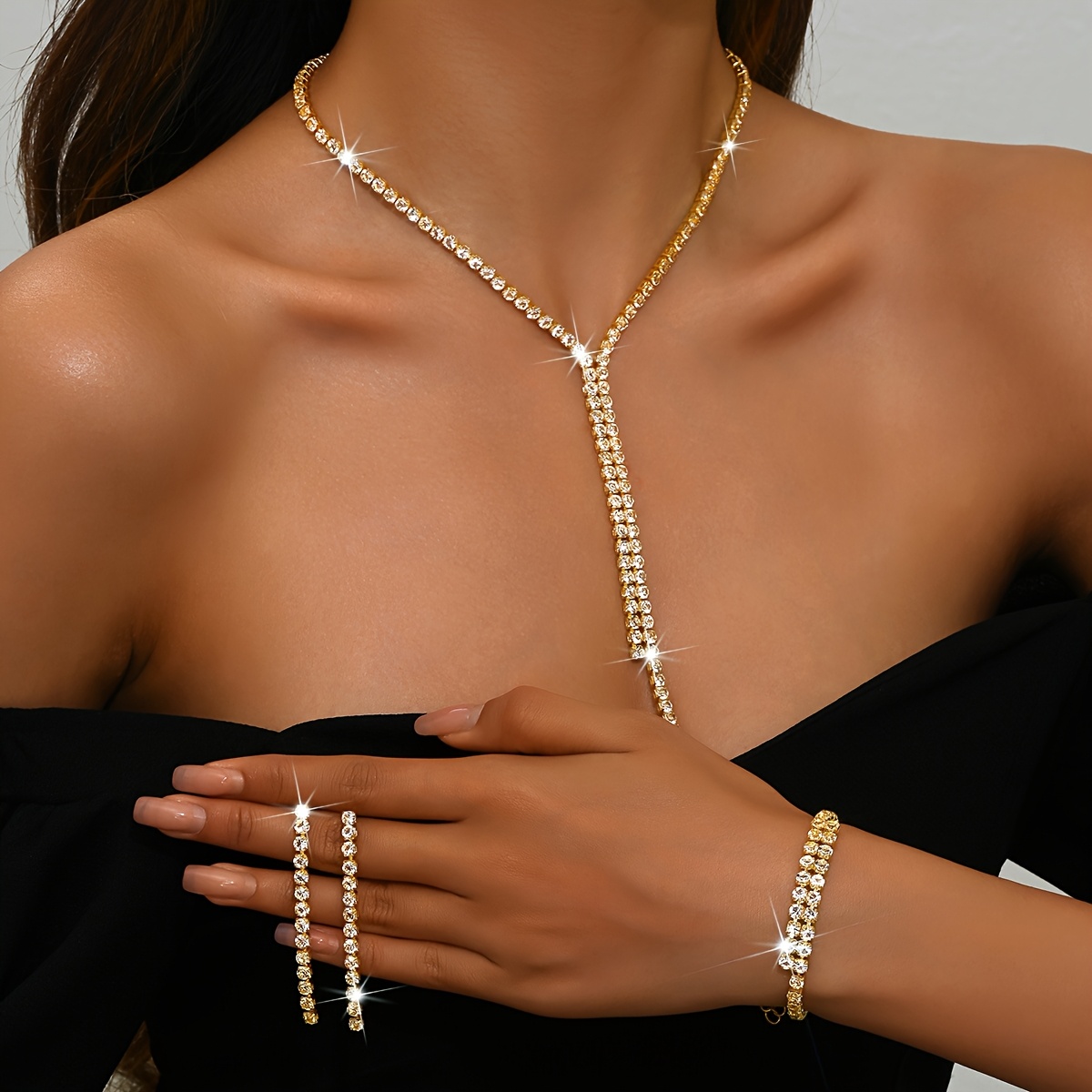 TEMU Elegant Long Drop Rhinestone Necklace Earring Bracelet Jewelry Sets For Women Y Shape Jewelry Sets