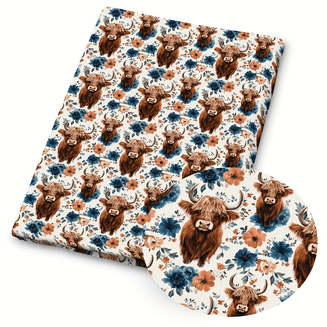 TEMU 1pc Floral Highland Cow Print Fabric - 59 X 19.68 Inches (150 X 50cm) Pre-cut Polyester Fabric - Suitable For Diy Sewing, Scrapbooking,