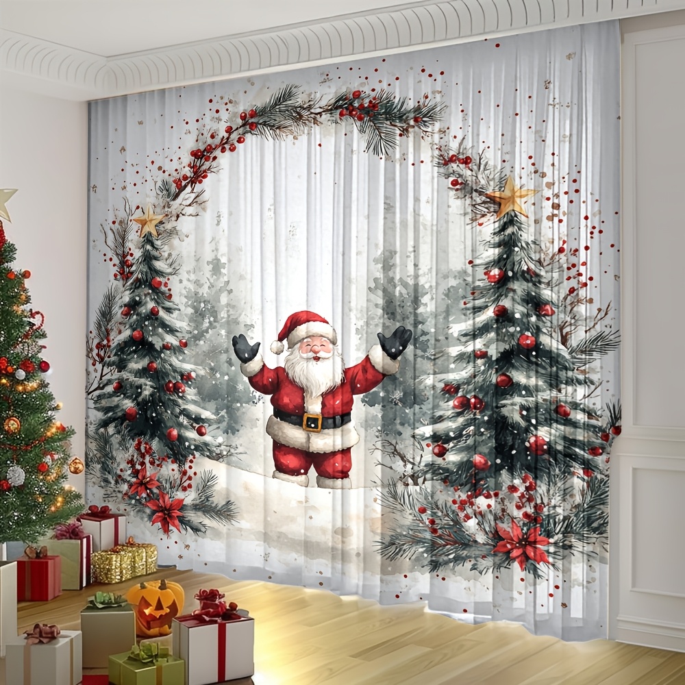 TEMU 2d Flat, 2pcs Xingrongdt Christmas Curtains Suitable For Living Room & Bedroom, Semi-sheer Window Panels With Santa Claus, Poinsettia, Pine