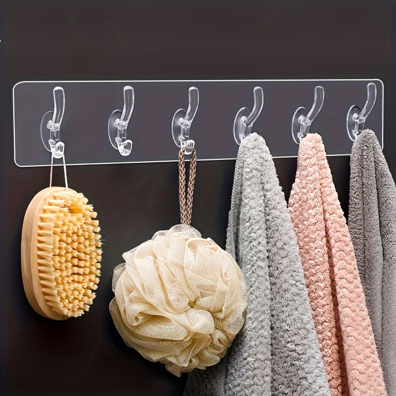 

Fashion Transparent Plastic Wall-mounted Utility Hooks - Easy Install, Punch-free, Traceless Adhesive, 6-hook Row For Bathroom & Closet Storage