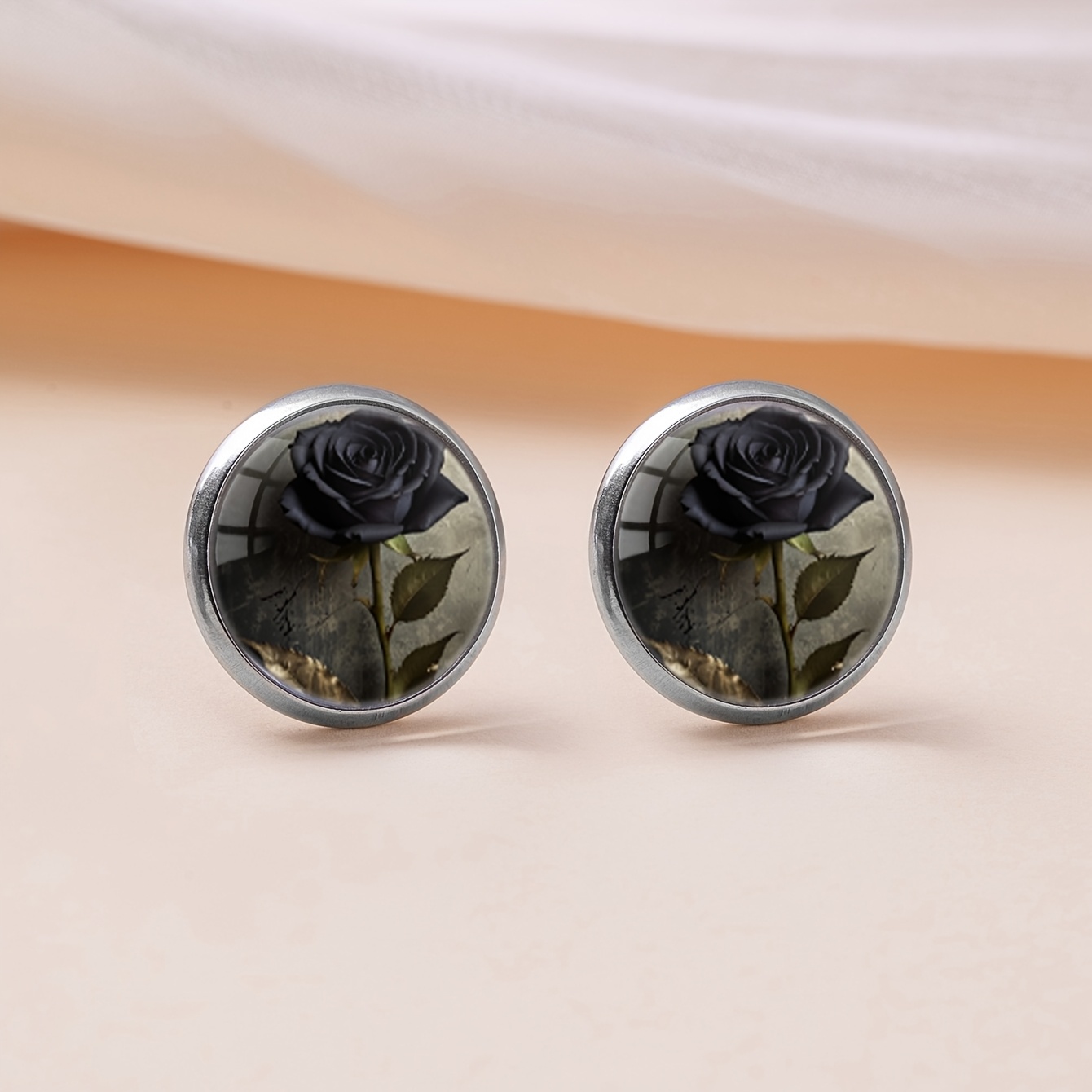 Dark Vintage Black Rose Pattern Round Stud Earrings, Gothic Style