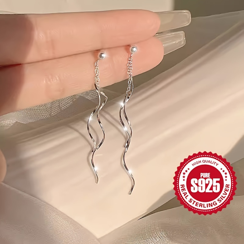 

S925 Sterling Silver Minimalist And Elegant Style Dangle Earrings, Long Tassel Wave Drop Earrings 1.4g Daily Wearing Wedding Graduation Season Jewelry Decoration 1.4g/0.05oz