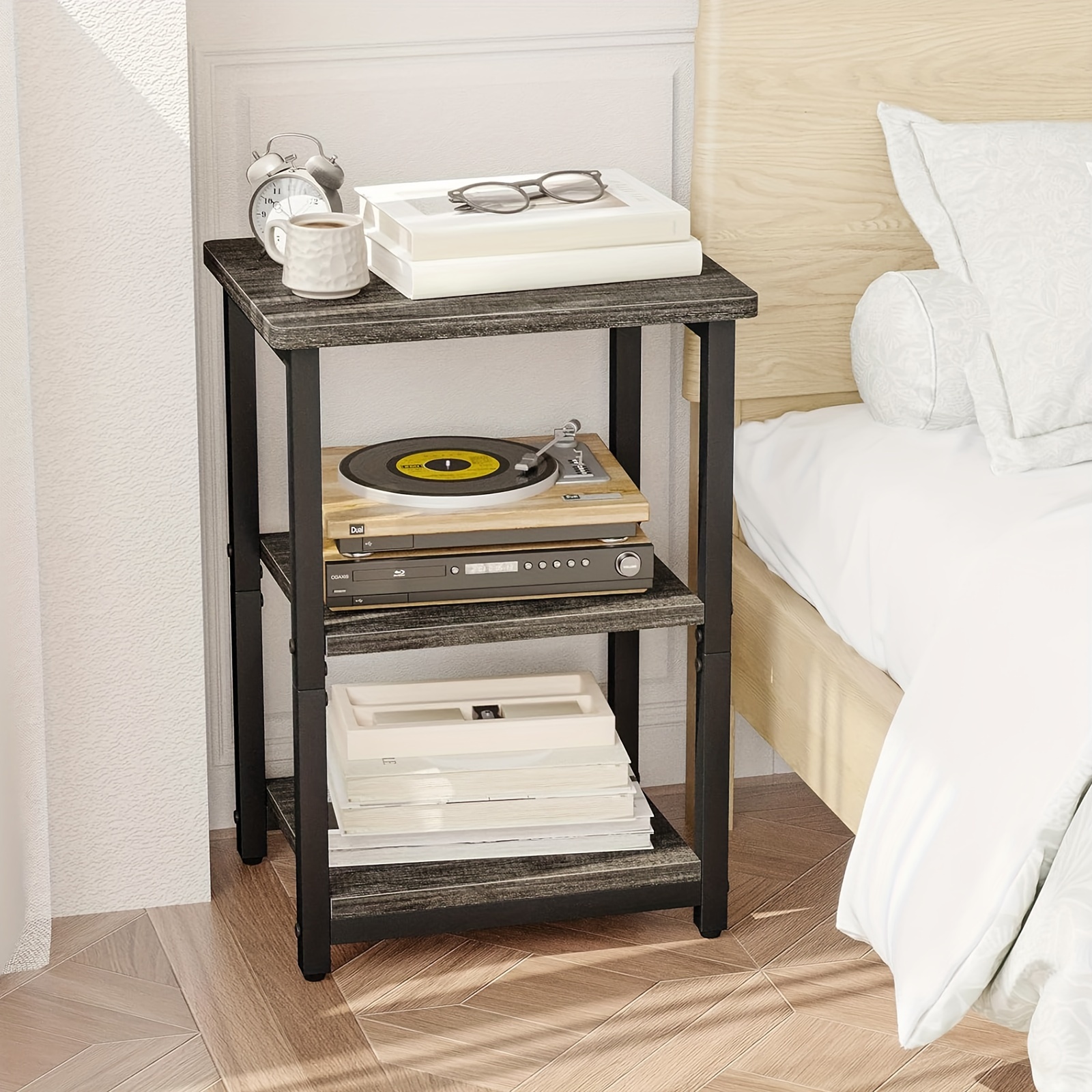 

1 Pc Side Table, 3-tier Small End Table, Sofa Table Nightstand, Suitable For Placing Next To The Sofa, Or As A Bedside Table Bringing You A Good Experience, Grey And Black