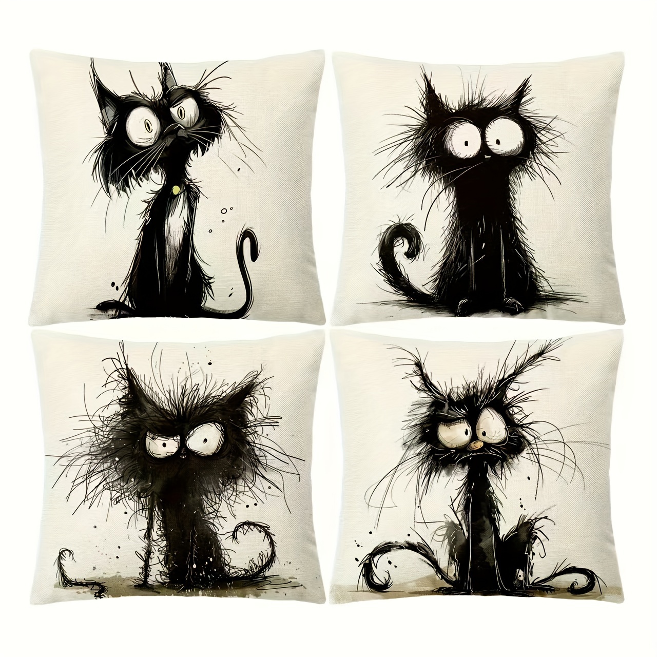 TEMU 4pcs Abstract Fried Cat Linen Print Decorative Pillowcases, Cushion Covers, For Home, Bedroom, Sofa, Living Room Decoration (core Not Included)