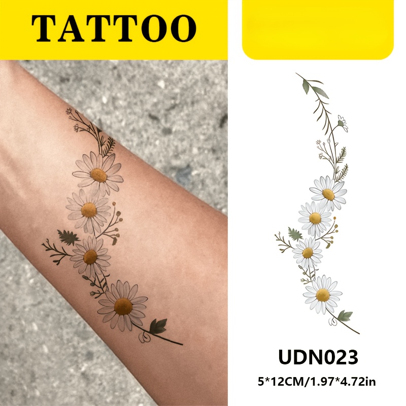 TEMU Daisy Vine Multicolor Temporary Tattoo, Fresh Natural Daisy And Branches As Design Elements, Delicate Lines Outline, Easy And Style, On ,