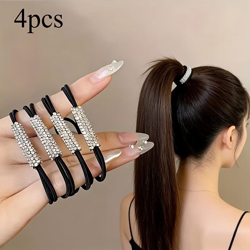 TEMU 4pcs Set Of Shiny Rhinestone Double-layer Hair Band, Strong Black And White Elastic Hair Band, Suitable For Women