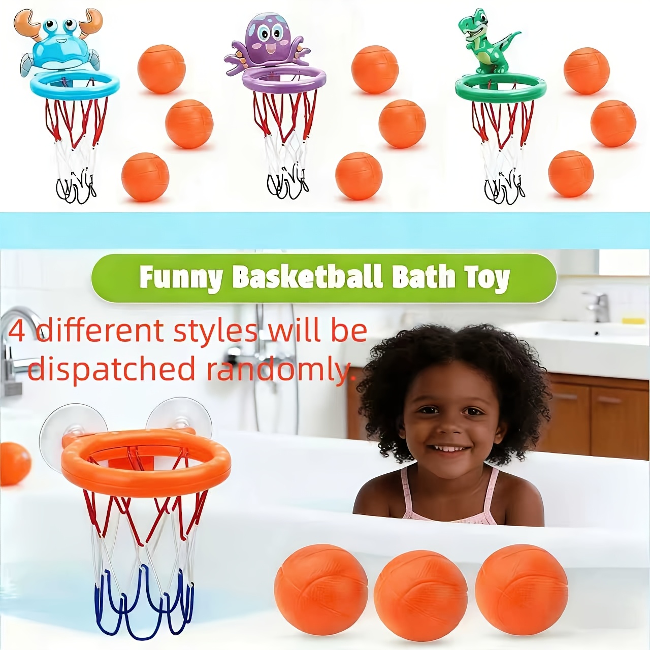Image of 4pcs New Random Style Cartoon Animal Basketball Set, Children's Bath Toys, Kids' Bathing Toys And Games, Perfect Gift For Children