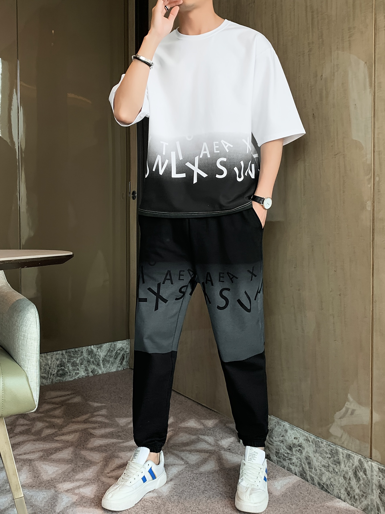 Men's Summer Casual Cotton Blend Outfit Set - Gradient Color Short Sleeve T-Shirt & Stylish Drawstring Shorts, Machine Washable