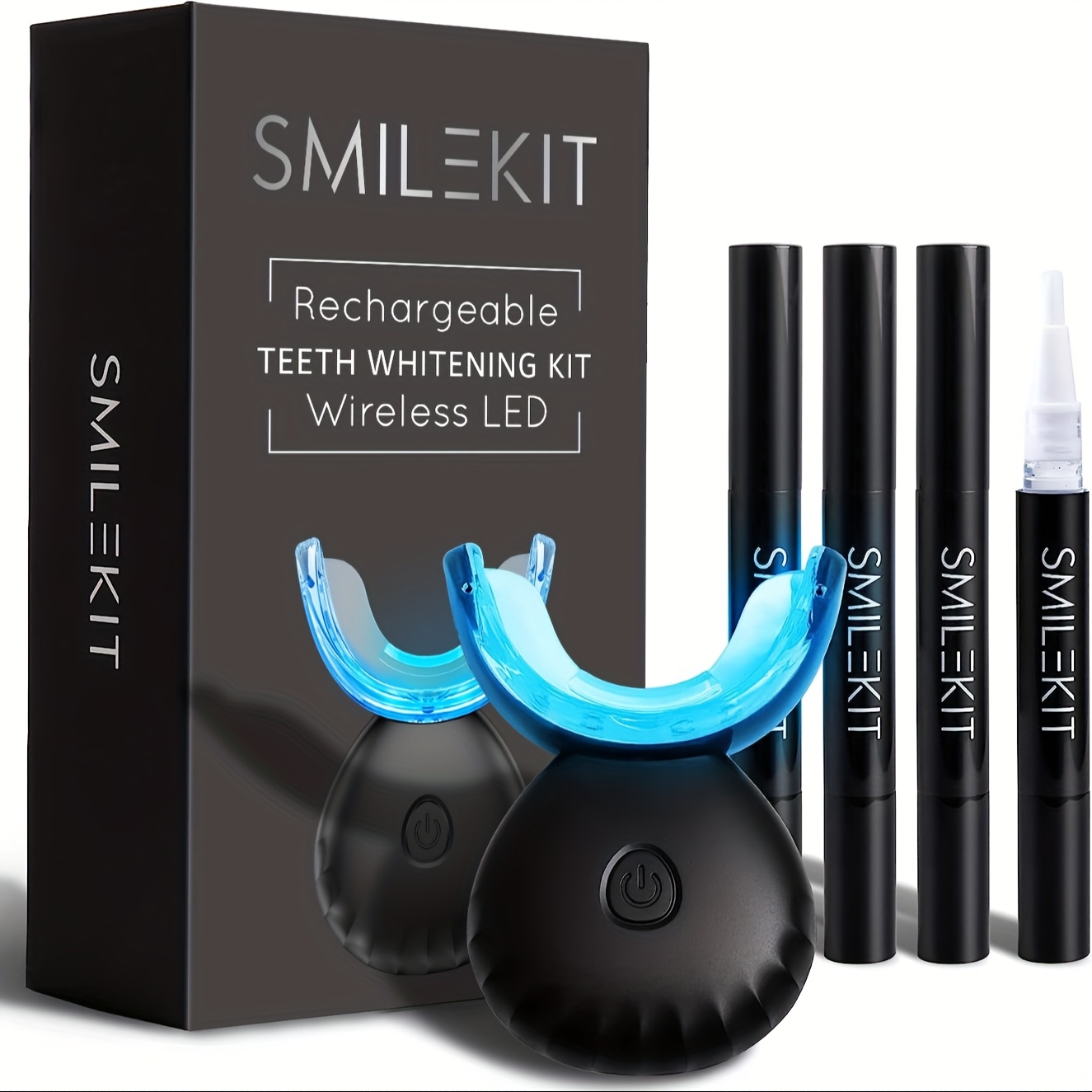 Teeth Whitening Kit With LED Blue Light Accelerator - Home Use, Includes 4 Gel Pens & Color Guide, USB Rechargeable, Hypoallergenic Teeth Whitening Gel Helps All Kinds Of Stain