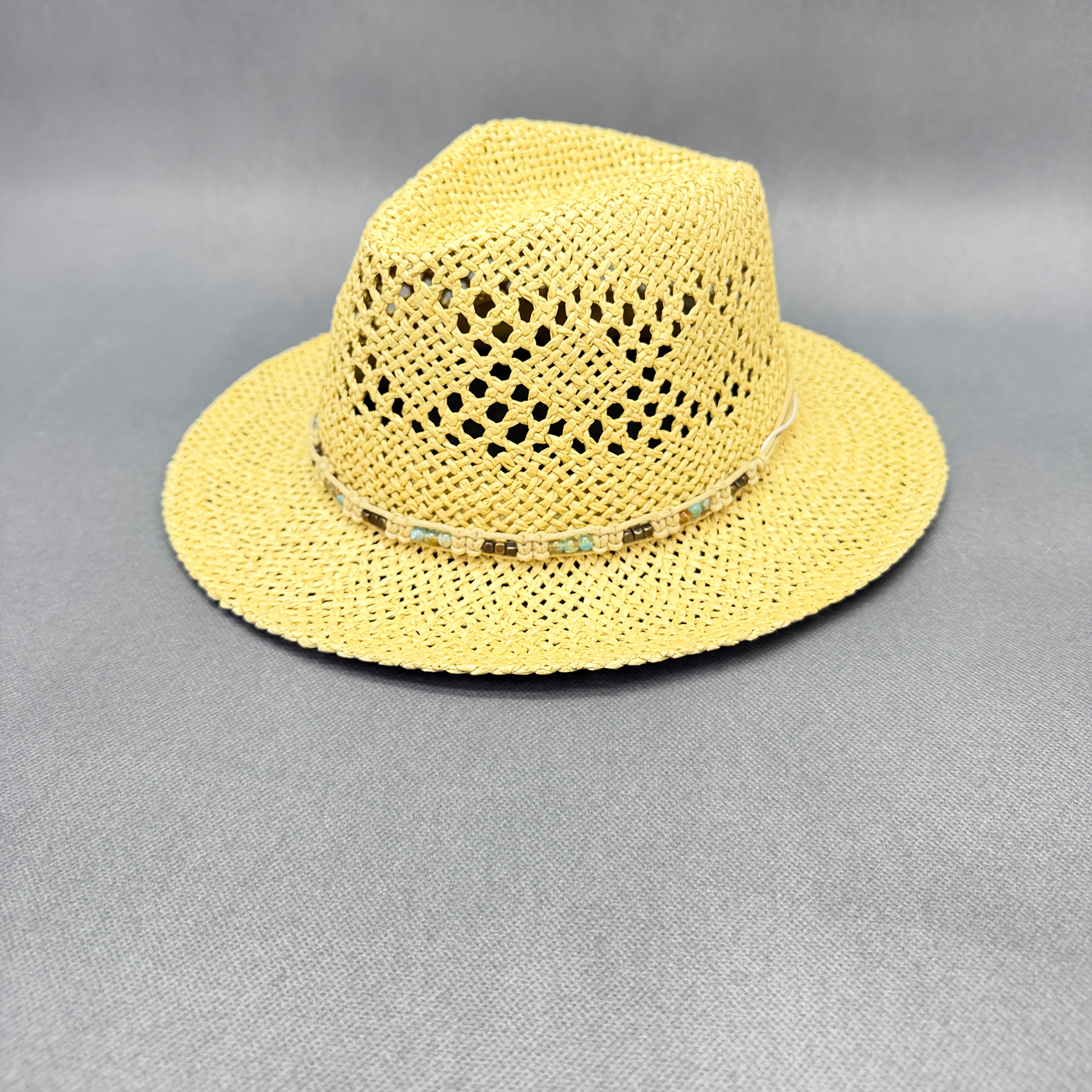TEMU Summer Breathable Straw Fedora Hat, Beaded Decor Wide Brim Sun Hat, Boho Vacation Beach Headwear For Women Men