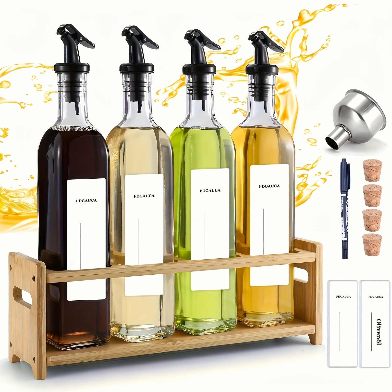 Image of 4 X 500 Ml Vinegar And Oil Bottles Set, With Shelf, Oil Bottle With Pouring Spout, Oil Outlet With Black Label, To Organize The Distribution Of Oil And Vinegar