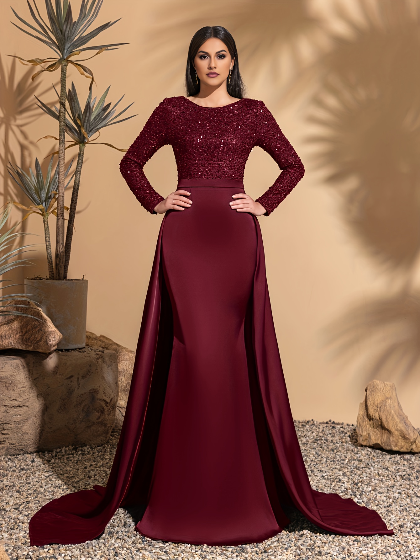 long sleeve burgundy dress for wedding Sheath/Column Square Neckline Long Sleeves Burgundy Wedding Guest Dress, Burgundy / L main image 1