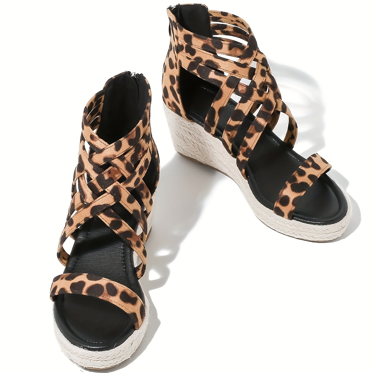 Chic Leopard Print Wedge Sandals for Women Open Toe, Ankle Strap  Espadrille Heels with Rubber Sole