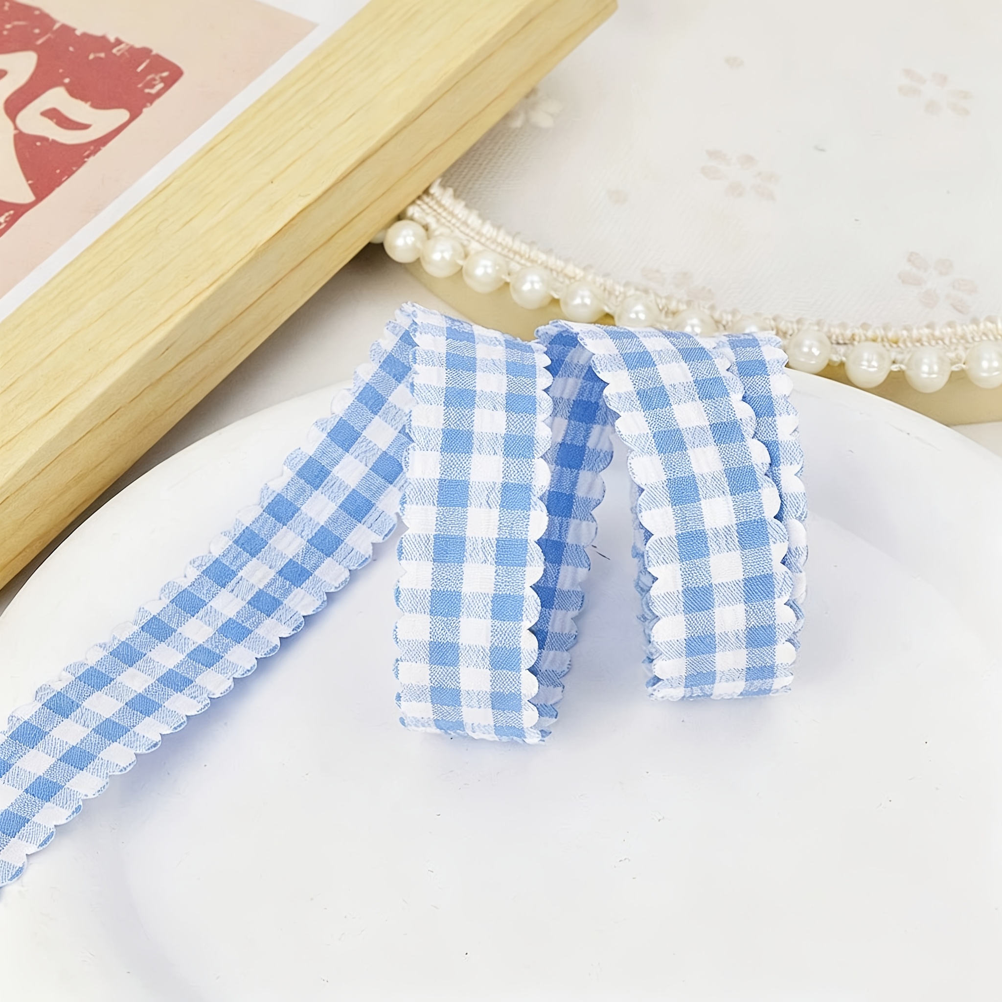 TEMU 1 Roll Of 2-metre Checked Fabric Ribbon, 1.6 Cm (0.63 Inches) Wide, Available With Either Scalloped Or Straight Edges, Suitable For Clothing