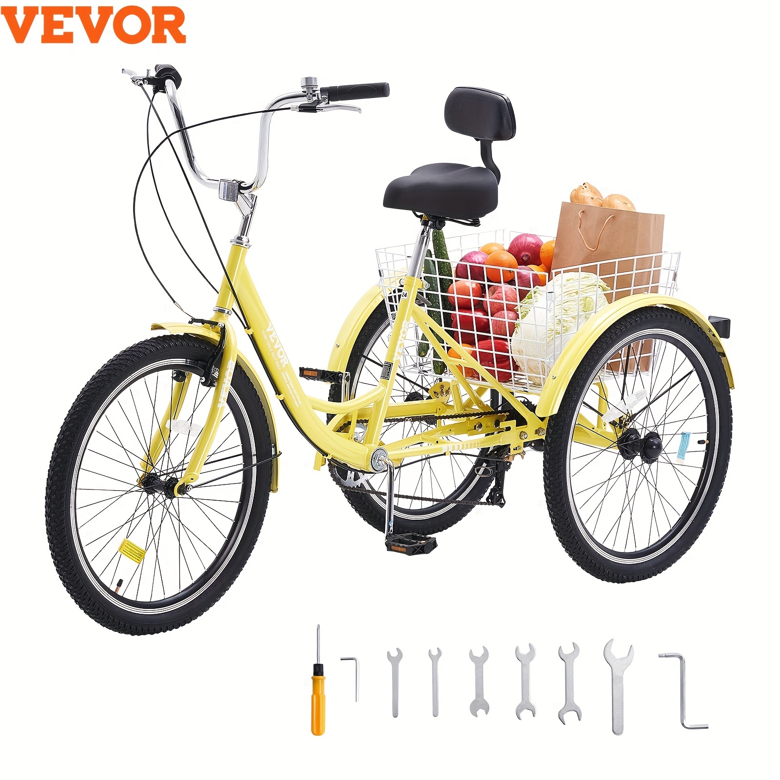 

Vevor 7 Speed 24" Adult Tricycles Bike Yellow 3 Wheel Trike Bicycle Carbon Steel