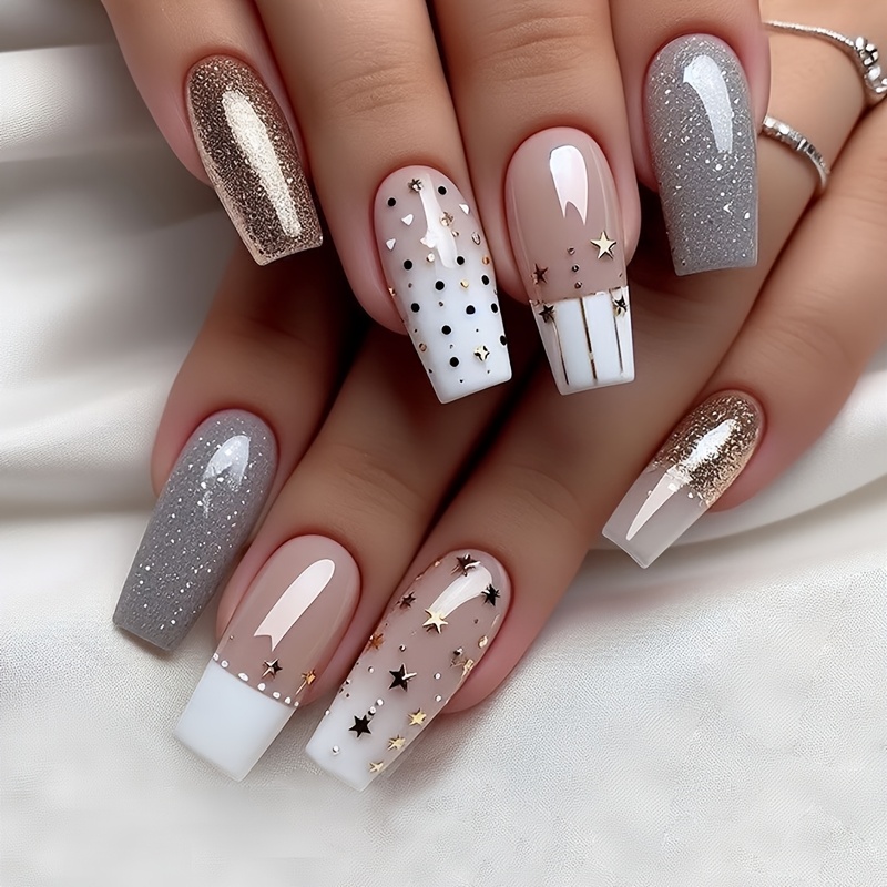 TEMU Look - 24pcs Press-on Nail Set With Star And Polka , High-end Feel, Versatile,, Gentle And Elegant Style, Detachable False Nails For Nail Extension, Includes Jelly Glue And 1 Nail File