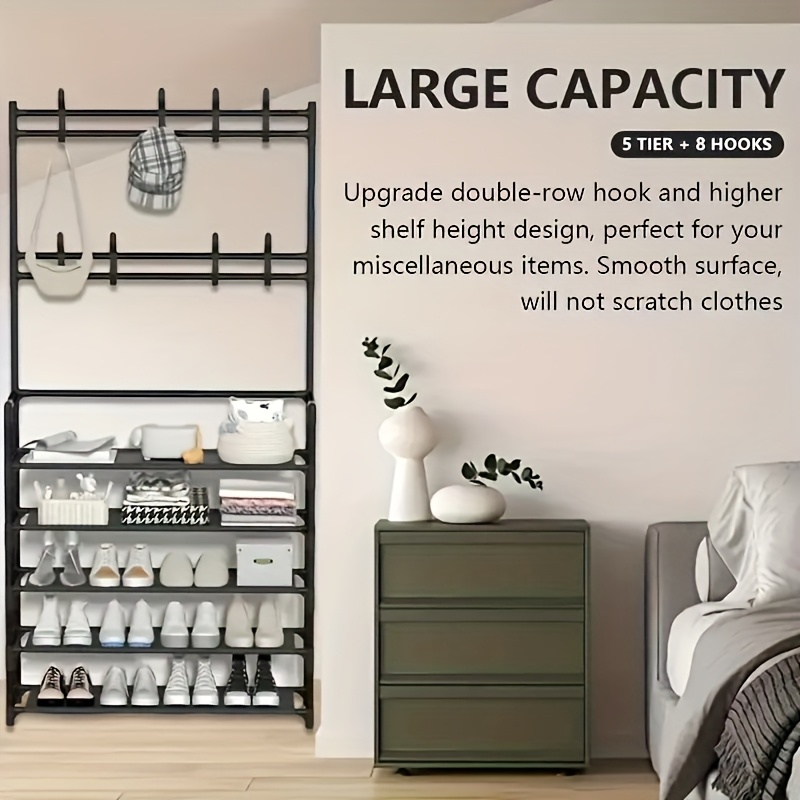 a 5 layer carbon steel shoe rack with 8 hooks suitable for shoes bags umbrellas boots hats multi purpose storage organizer sturdy and space saving easy to assemble suitable for living room bedroom rental room entrance hall details 0