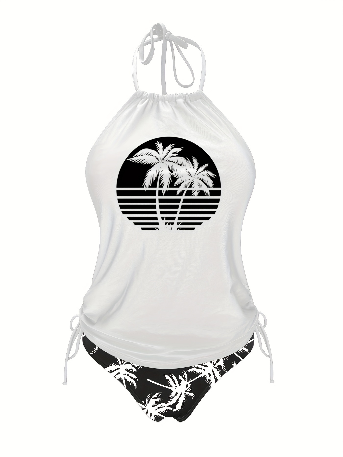 Coconut Tree Set Pattern Drawstring 2pcs Set Swimsuit, Halter Tie Neck Backless Stretchy Low Waist Bathing Suit for Beach Pool, Women'S Swimwear & Clothing