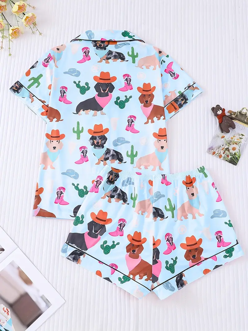 two piece cartoon anime pug print pajama set outside short sleeved cardigan lapel top and loose elastic shorts casual womens pajamas and home clothes set Product details 1
