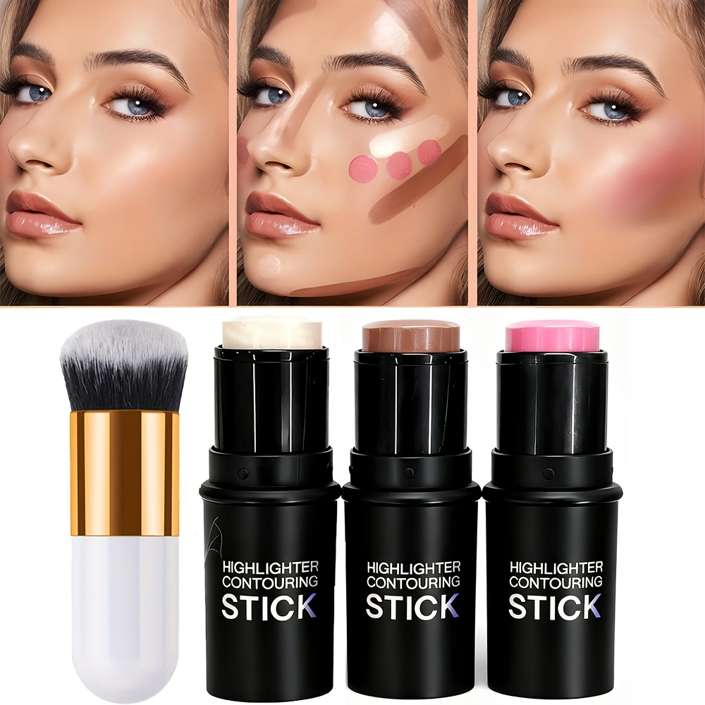 4pcs contour stick set with highlighter blush bronzer golden powder brush waterproof cream for   tones buildable coverage sculpting highlighting for face for halloween christmas looks  