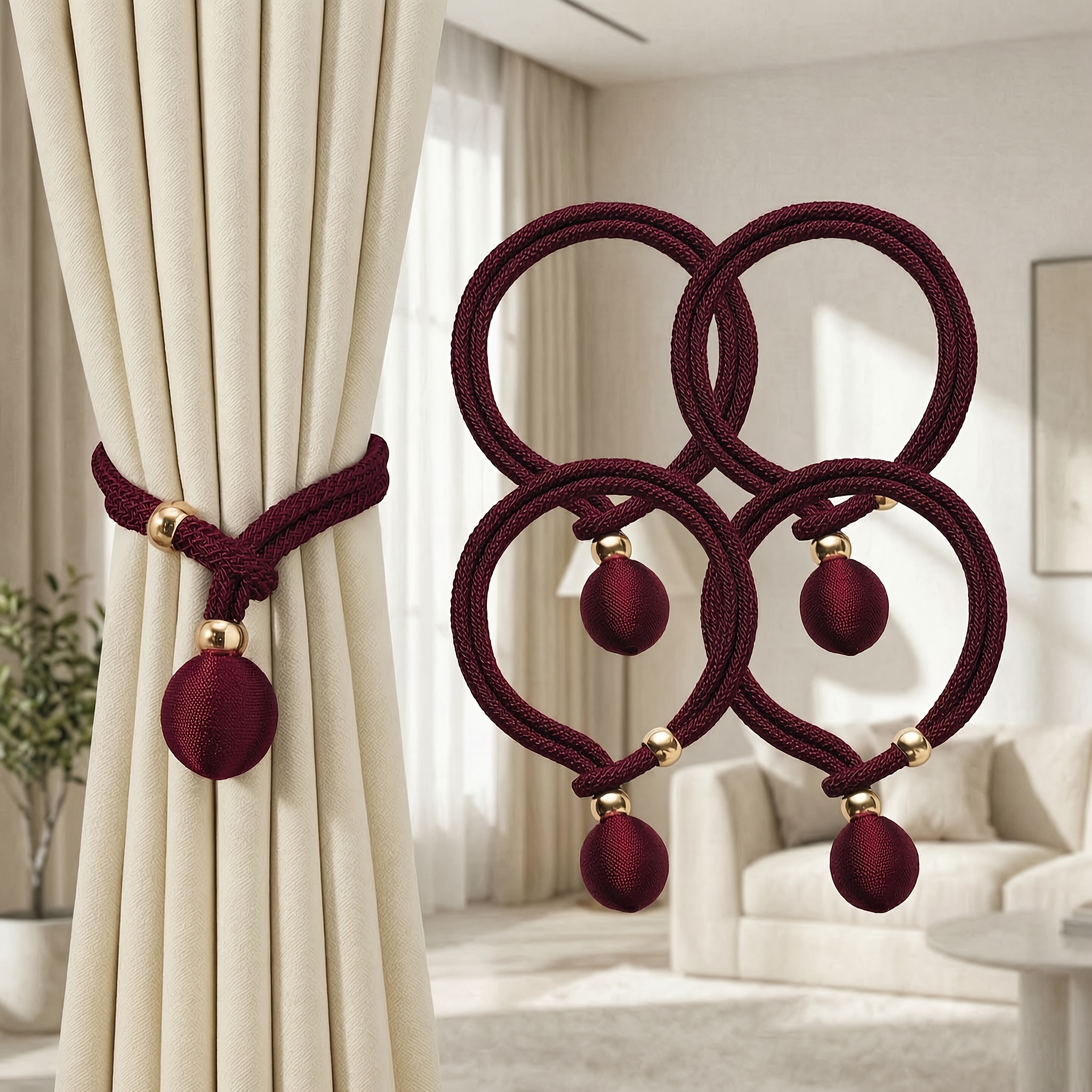 TEMU Lot de 4 attaches de rideaux réglables de boule d'œuf, supports de rideaux pratiques avec sangles décoratives, accessoires de rideaux faciles à