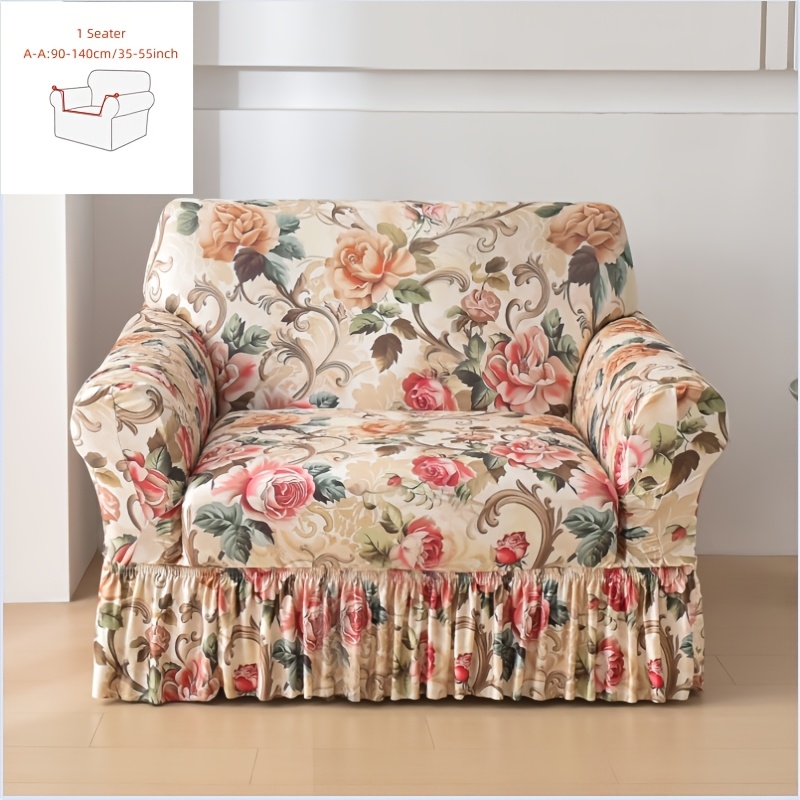 TEMU Digital Printed Floral , Full-coverage Stretch Sofa Slipcover With Skirt Style, Suitable For Living Room, Bedroom, And Sofas Ranging From Single