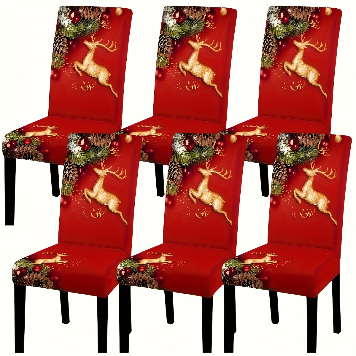 TEMU Dokriy 4/6 Pcspolyester Christmas Design, Golden Christmas Deer, Merry Christmas, Digital Positioning Printed Chair Cover, Soft And Comfortable