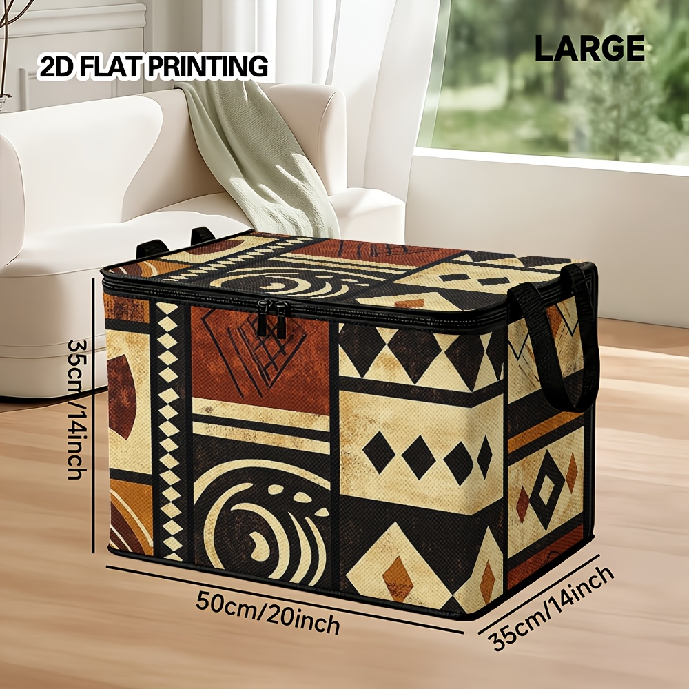 TEMU 1pc 2d Flat Printing, 1pc, Tribal Geometric Brown Elements Style Sock Storage Bin With Lid, Large Capacity, Great For Under Bed Storage, Closet