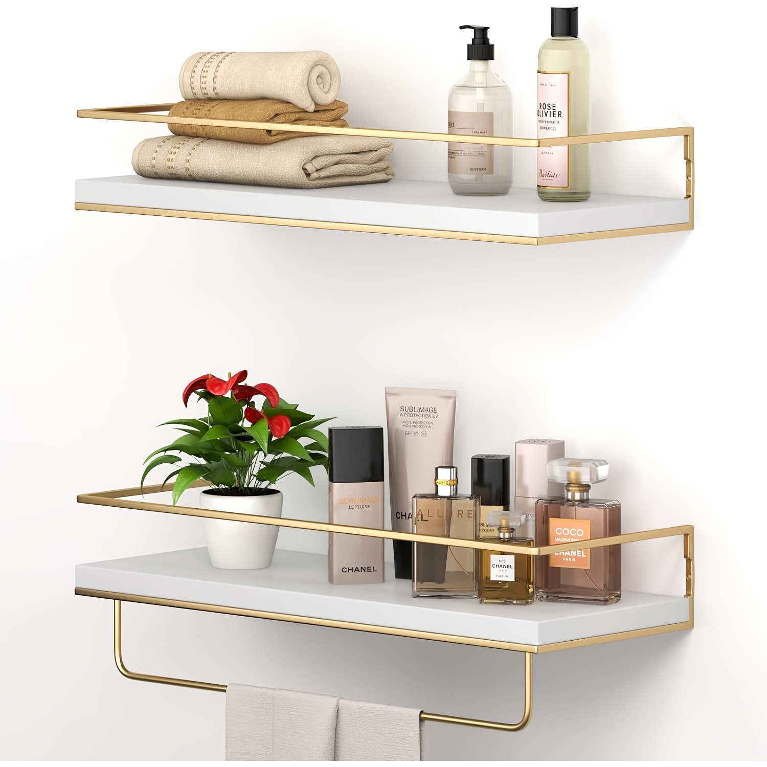 

2-pack Vintage Wood Wall-mounted Shelves With Golden Towel Rack, Matte Decorative Storage For Bathroom, Kitchen, Living Room, Bedroom - No Electricity Needed, Floating Shelves