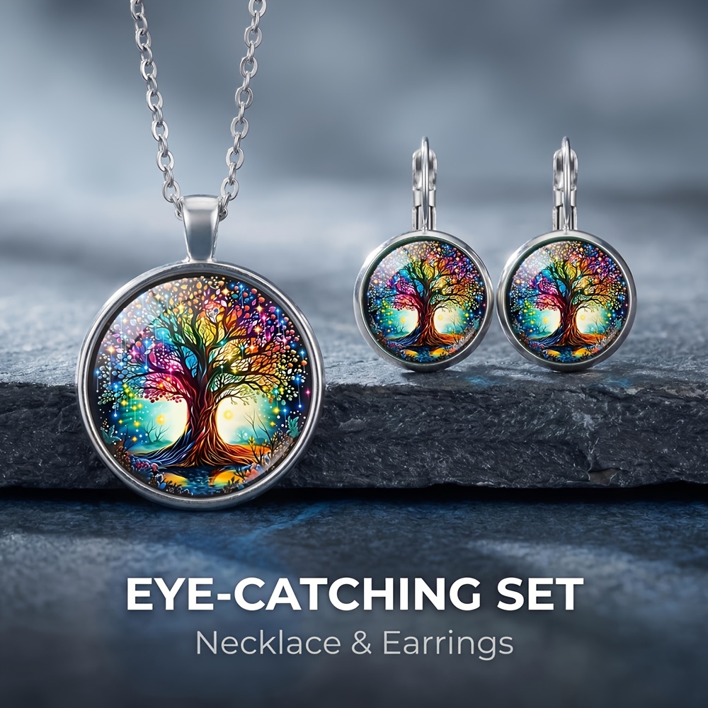 TEMU 3pcs Colorful Tree Of Life Necklace And Earrings Set, Suitable For Daily Wear, A Delicate Little Gift