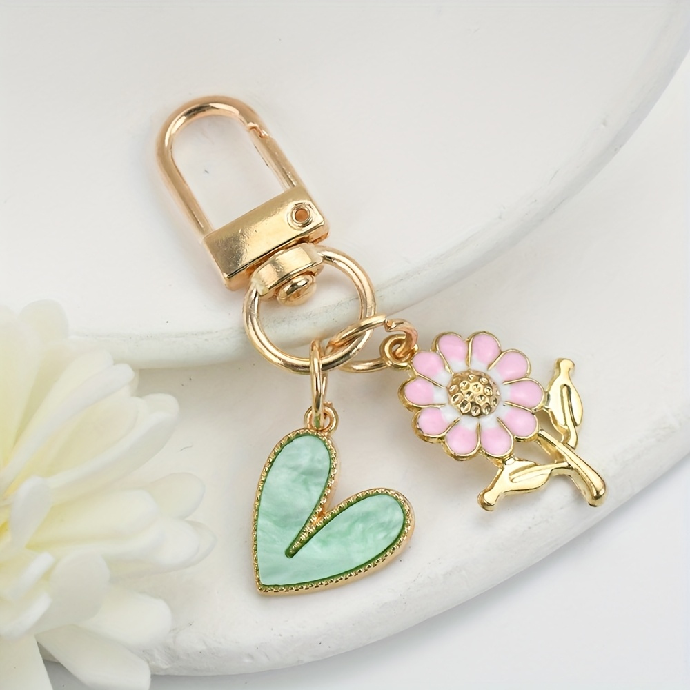 TEMU Men's Clothing Additions Pink Chrysanthemum Love Heart Key Chain Couple Bag Car Keys Accessory Alloy Mobile Phone Case Love Heart Pendant A