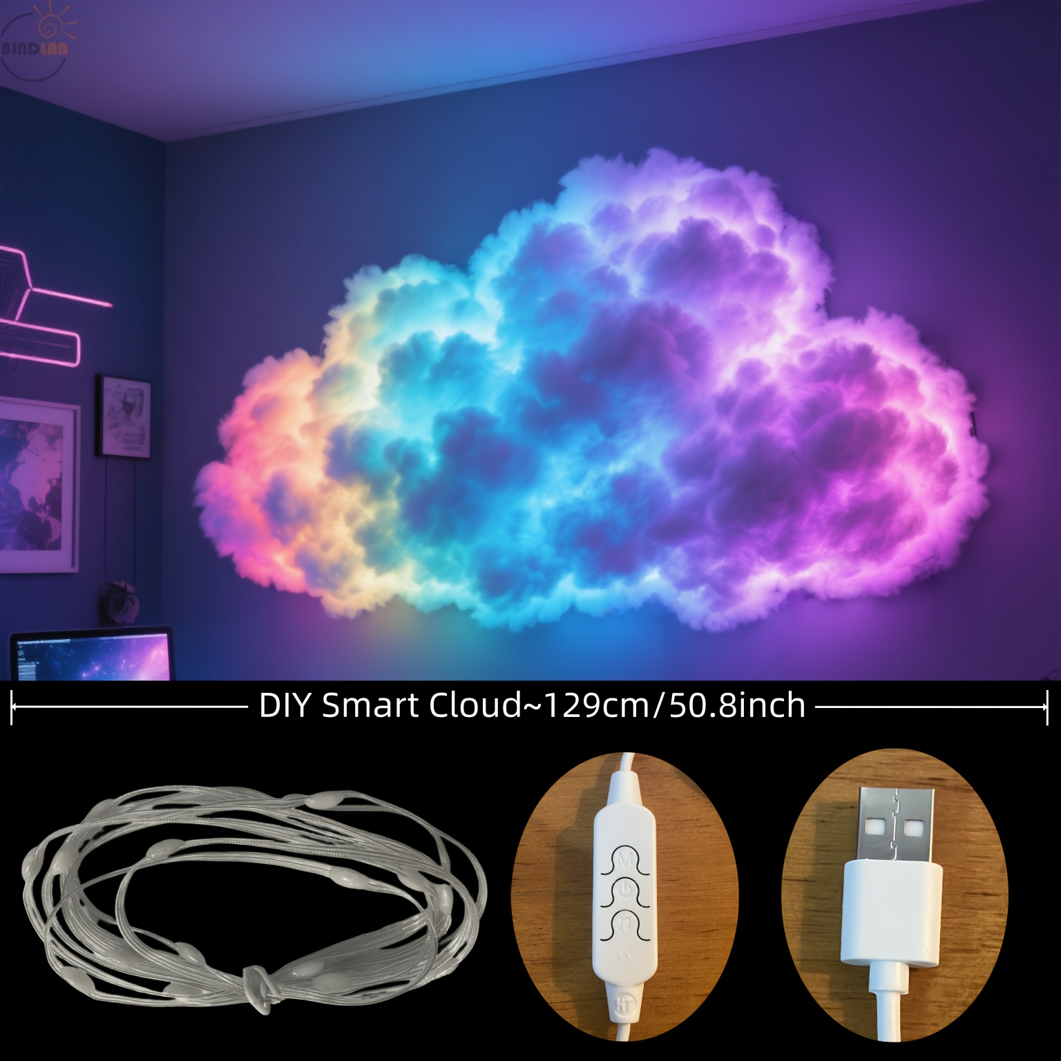 Bandă LED 3D Nor de Fulger RGB Smart 236,22 cm, Lampă DIY Modelabilă cu Conector USB pentru Instalare Ușoară - Perfectă Pentru Dormitor Cameră Gaming Bar DJ Petrecere Iluminat Ambient Decorativ. Sincronizarea Muzicii Creativă Vacanță Clipire Dinamic Schimbând Culoarea Perete și Tavan Noapte în Opțiuni 129,03 cm, 236,73 cm, 278,38 cm, Bandă de înaltă calitate
