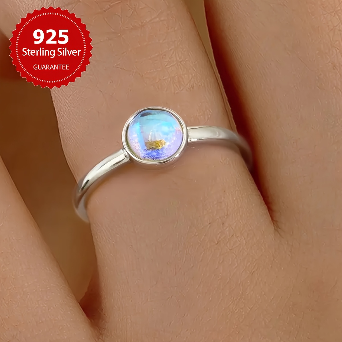 Women's Moonstone Engagement Ring, 925 Sterling Silver