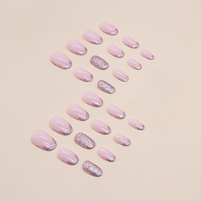 24pcs short explosive fake nails pinkish french false nails sweet oval shaped press on nails details 2