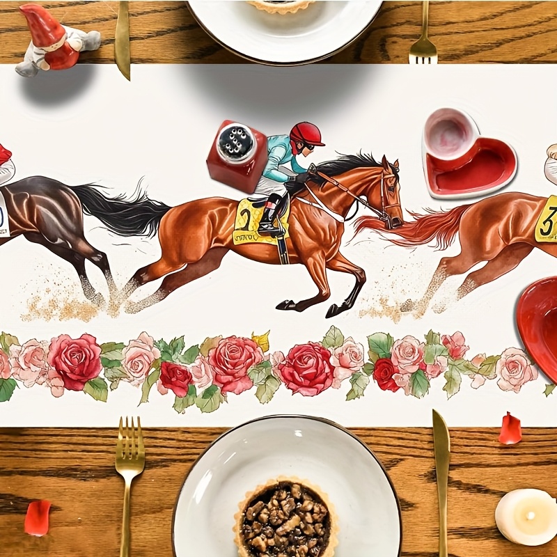 TEMU 1pc Elegant Horse Racing Table Runner With Floral Border – Living Room Decor, Equine Party Supplies, Kitchen Table Decoration, And , Polyester