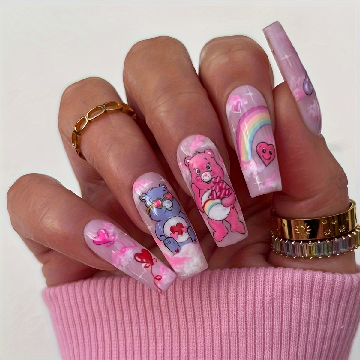 

Cute Cartoon Bear & Rainbow Stripe Pink Heart Press-on Nails, Glossy Long Ballet Shape, Mixed Colors Fake Nails For Hands, Feet & Nail Care -