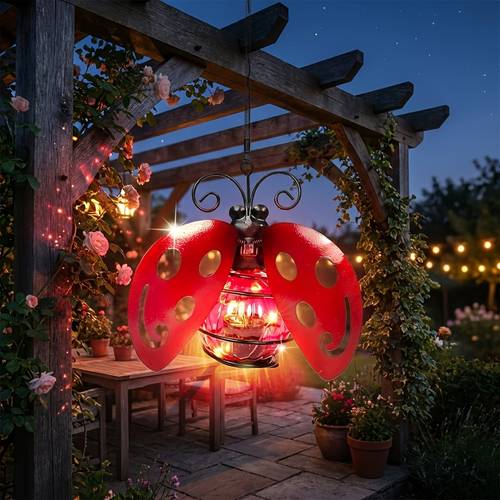 outdoor metal ladybug pendant light solar hanging led lamp for the garden featuring a spring suspension design waterproof ideal for outdoor decoration in courtyards patios and backyards a perfect gift for home