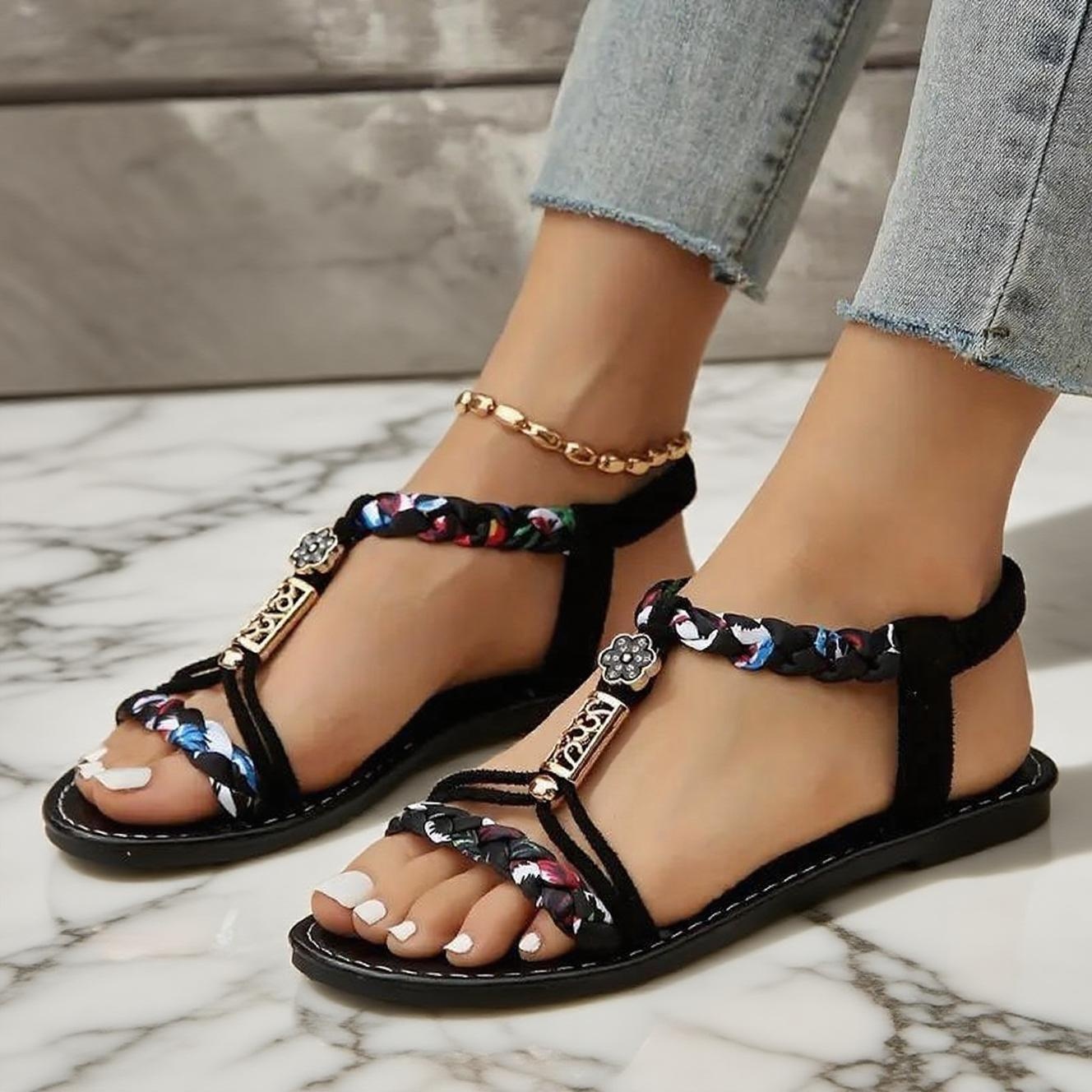 sandales plates tressées bohèmes toutes   pour femmes, chaussures de plage légères à bride élastique, chaussures   confortables et antidérapantes, chaussures pour femmes 1
