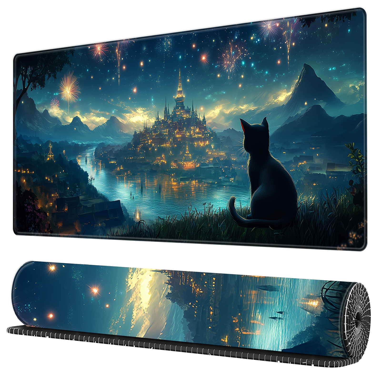 E-shop Niedliches schwarzes Katzen-Mauspad für deinen Schreibtisch, Größe 35,4 x 15,7 Zoll. Diese große, rutschfeste Matte mit genähten Kanten ist für