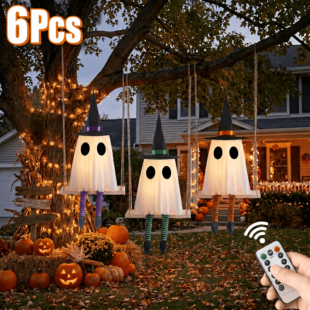 TEMU 6pcs Swinging Outdoor Decor Halloween Hanging Witch Decor Lights With Remote Timer, 8 Led Swing Decorative Hanging Ornaments, Battery Powered