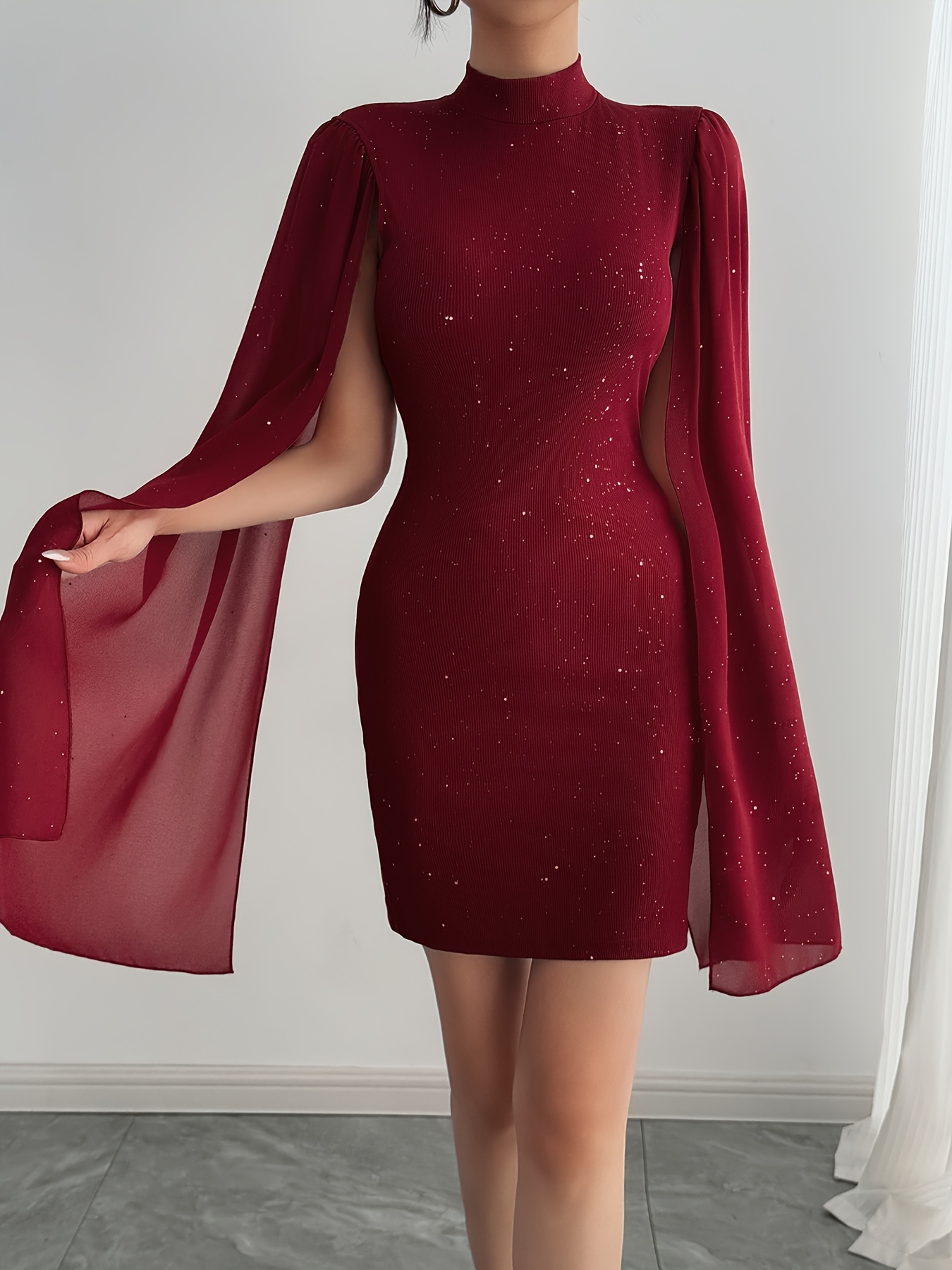 womens elegant maroon   dress with mesh sleeve round neck short   silhouette   fit short length machine washable winter formal dress for     holiday events comfortable party wear   0