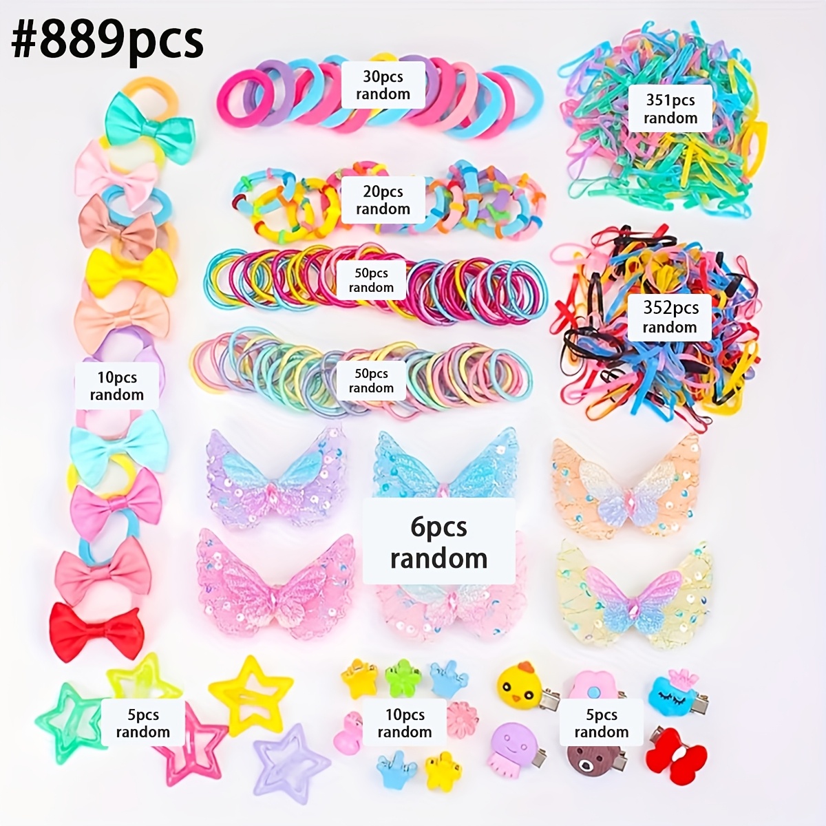 TEMU Random Colors 889pcs Multicolor Hair Set (): Hair Ropes, , Flower, Star & Cartoon Clips, Mini Claw Clips. Christmas Essential - For & Women.